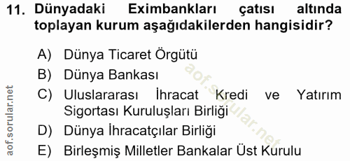 11. soru: Dünyadaki Eximbankları çatisı altinda toplayan kurum aşağıdakilerden hangisidir? A) Dünya Ticaret Örgütü B) Dünya Ban…