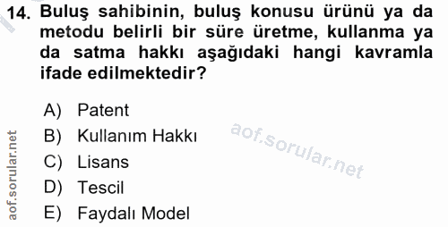 14. soru: Buluş sahibinin, buluş konusu ürünü ya da metodu belirli bir süre üretme, kullanma ya da satma hakkı aşağıdaki hangi…