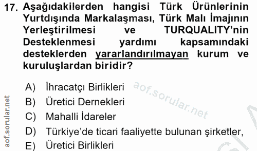 17. soru: Aşağıdakilerden hangisi Türk Ürünlerinin Yurtdışında Markalaşması, Türk Malı İmajının Yerleştirilmesi ve TURQUALITY'…