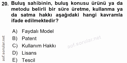 20. soru: Buluş sahibinin, buluş konusu ürünü ya da metodu belirli bir süre üretme, kullanma ya da satma hakkı aşağıdaki hangi…