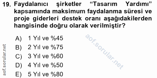 19. soru: Faydalanıcı şirketler "Tasarım Yardımı" kapsamında maksimum faydalanma süresi ve proje giderleri destek oranı aşağıda…