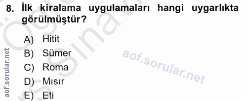 8. soru: İlk kiralama uygulamaları hangi uygarlıkta görülmüştür? A) Hitit B) Sümer C) Roma D) Mısır E) Eti