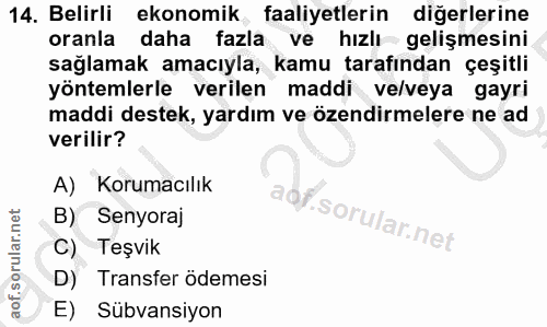 14. soru: Belirli ekonomik faaliyetlerin diğerlerine oranla daha fazla ve hızlı gelişmesini sağlamak amacıyla, kamu tarafından…