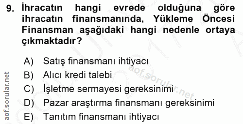 9. soru: Ihracatin hangi evrede olduğuna göre ihracatın finansmanında, Yükleme Öncesi Finansman aşağıdaki hangi nedenle ortaya…