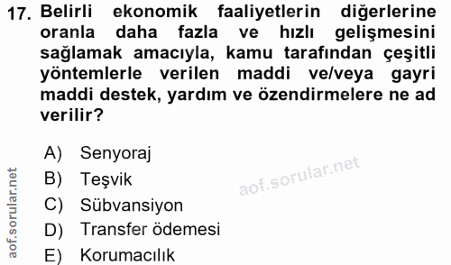 17. soru: Belirli ekonomik faaliyetlerin diğerlerine oranla daha fazla ve hızlı gelişmesini sağlamak amacıyla, kamu tarafından…