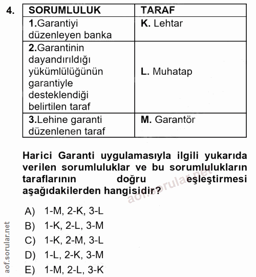 4. soru: SORUMLULUK TARAF 1. Garantiyi K. Lehtar düzenleyen banka 2. Garantinin dayandırıldığı yükümlülüğünün L. Muhatap garan…