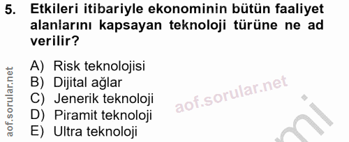 5. soru: Etkileri itibariyle ekonominin bütün faaliyet alanlarını kapsayan teknoloji türüne ne ad verilir? A) Risk teknolojisi…