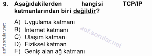 9. soru: Aşağıdakilerden hangisi TCP/IP katmanlarından biri değildir? A) Uygulama katmanı B) İnternet katmanı C) Ulaşım katman…
