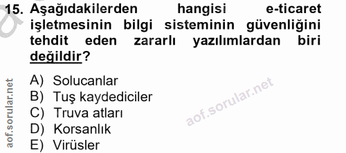 15. soru: Aşağıdakilerden hangisi e-ticaret işletmesinin bilgi sisteminin güvenligini tehdit eden zararlı yazılımlardan biri de…