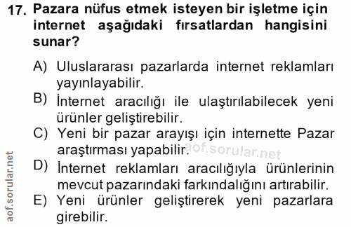17. soru: Pazara nüfus etmek isteyen bir işletme için internet aşağıdaki fırsatlardan hangisini sunar? A) Uluslararası pazarlar…