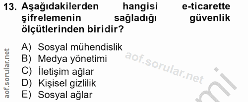 13. soru: Aşağıdakilerden hangisi e-ticarette şifrelemenin sağladığı güvenlik ölçütlerinden biridir? A) Sosyal mühendislik B) M…