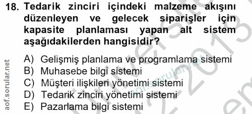 18. soru: Tedarik zinciri içindeki malzeme akışını düzenleyen ve gelecek siparişler için kapasite planlaması yapan alt sistem a…