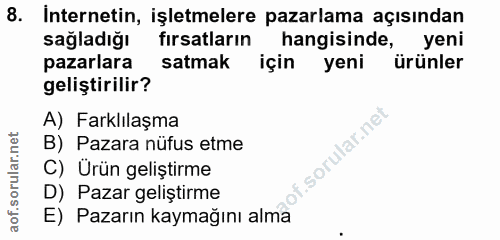 8. soru: Internetin, işletmelere pazarlama açısından sağladığı fırsatların hangisinde, yeni pazarlara satmak için yeni ürünler…