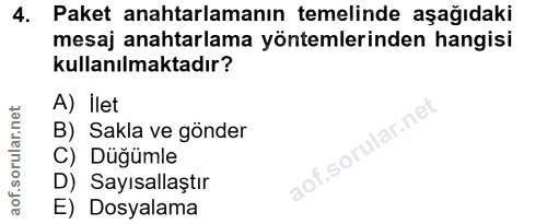 4. soru: Paket anahtarlamanın temelinde aşağıdaki mesaj anahtarlama yöntemlerinden hangisi kullanılmaktadır? A) İlet B) Sakla…