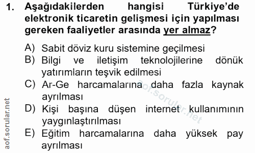 1. soru: Aşağıdakilerden hangisi Türkiye'de elektronik ticaretin gelişmesi için yapılması gereken faaliyetler arasında yer alm…