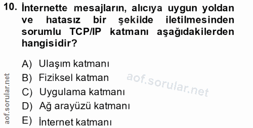 10. soru: Internette mesajların, alıcıya uygun yoldan ve hatasız bir şekilde iletilmesinden sorumlu TCP/IP katmanı aşağıdakiler…