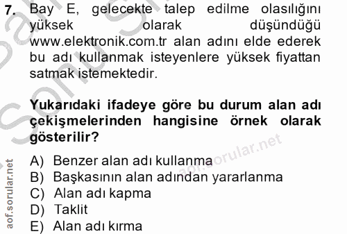 7. soru: Bay E, gelecekte talep edilme olasılığını yüksek olarak düşündüğü www.elektronik.com.tr alan adını elde ederek bu adı…