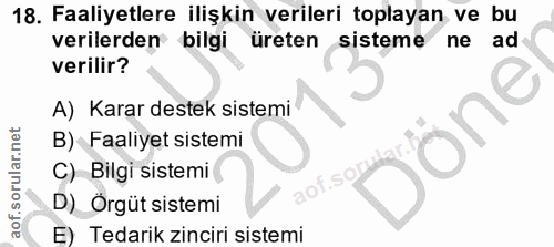 18. soru: Faaliyetlere ilişkin verileri toplayan ve bu verilerden bilgi üreten sisteme ne ad verilir? A) Karar destek sistemi o…