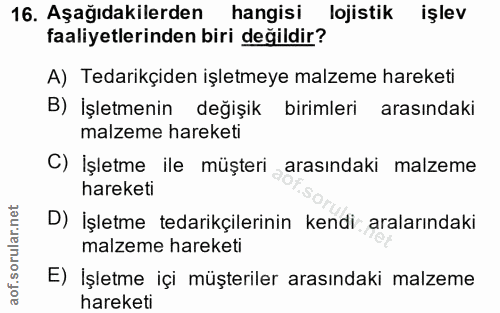 16. soru: Aşağıdakilerden hangisi lojistik işlev faaliyetlerinden biri değildir? A) Tedarikçiden işletmeye malzeme hareketi B)…