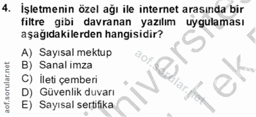 4. soru: İşletmenin özel ağı ile internet arasında bir filtre gibi davranan yazılım uygulaması aşağıdakilerden hangisidir? A)…