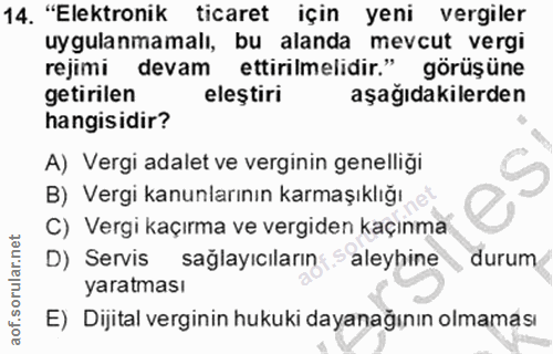 14. soru: "Elektronik ticaret için yeni vergiler uygulanmamalı, bu alanda mevcut vergi rejimi devam ettirilmelidir." görüşüne g…