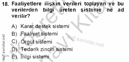18. soru: Faaliyetlere ilişkin verileri toplayan ve bu verilerden bilgi üreten sisteme ne ad verilir? A) Karar destek sistemi B…