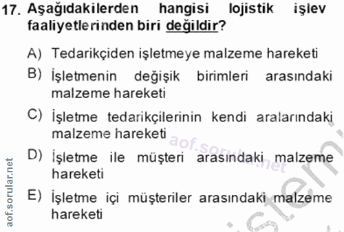 17. soru: Aşağıdakilerden hangisi lojistik işlev faaliyetlerinden biri değildir? A) Tedarikçiden işletmeye malzeme hareketi B)…