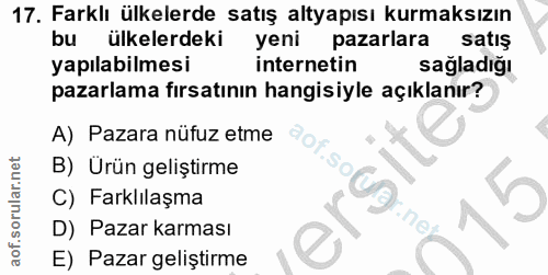 17. soru: Farklı ülkelerde satış altyapısı kurmaksızın bu ülkelerdeki m yeni pazarlara satış yapılabilmesi internetin sagladiğı…