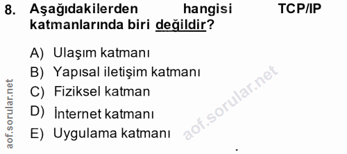 8. soru: Aşağıdakilerden hangisi TCP/IP katmanlarında biri değildir? A) Ulaşım katmanı B) Yapısal iletişim katmanı C) Fiziksel…