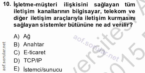 10. soru: İşletme-müşteri ilişkisini sağlayan tum iletişim kanallarının bilgisayar, telekom ve diğer iletişim araçlarıyla ileti…