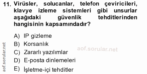 11. soru: Virüsler, solucanlar, telefon çeviricileri, klavye izleme sistemleri gibi unsurlar aşağıdaki güvenlik tehditlerinden…