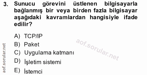 3. soru: Sunucu görevini üstlenen bilgisayarla bağlanmış bir veya birden fazla bilgisayar aşağıdaki kavramlardan hangisiyle if…