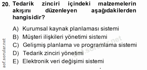 20. soru: Tedarik zinciri içindeki malzemelerin akışını düzenleyen aşağıdakilerden hangisidir? A) Kurumsal kaynak planlaması si…
