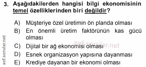 3. soru: Aşağıdakilerden hangisi bilgi ekonomisinin temel özelliklerinden biri değildir? A) Müşteriye özel üretimin ön planda…