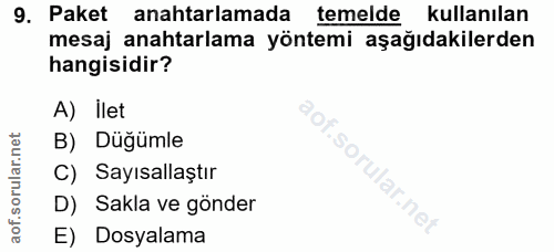 9. soru: Paket anahtarlamada temelde kullanılan mesaj anahtarlama yöntemi aşağıdakilerden hangisidir? A) ilet B) Düğümle C) Sa…