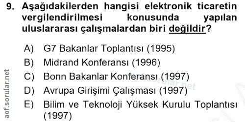9. soru: Aşağıdakilerden hangisi elektronik ticaretin vergilendirilmesi konusunda yapılan uluslararası çalışmalardan biri deği…