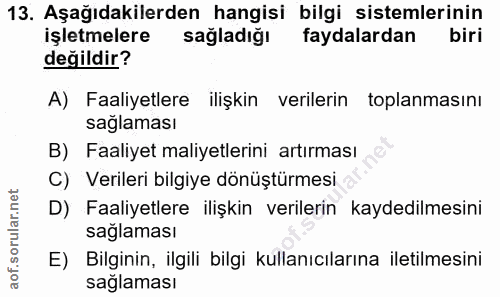 13. soru: Aşağıdakilerden hangisi bilgi sistemlerinin işletmelere sağladığı faydalardan biri değildir? A) Faaliyetlere ilişkin…
