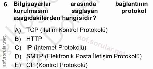 6. soru: Bilgisayarlar arasında bağlantının kurulmasını saglayan protokol aşağıdakilerden hangisidir? A) TCP (Iletim Kontrol P…