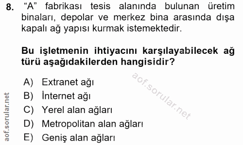 8. soru: "A" fabrikası tesis alanında bulunan üretim binaları, depolar ve merkez bina arasında dışa kapalı ağ yapısı kurmak is…