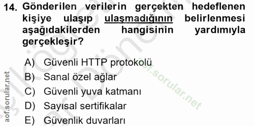 14. soru: Gönderilen verilerin gerçekten hedeflenen kişiye ulaşıp ulaşmadığının belirlenmesi aşağıdakilerden hangisinin yardımı…