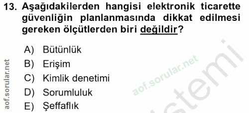13. soru: Aşağıdakilerden hangisi elektronik ticarette güvenliğin planlanmasında dikkat edilmesi gereken ölçütlerden biri değil…