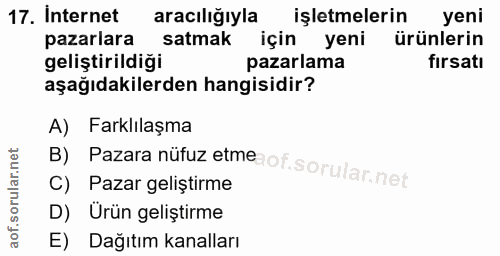 17. soru: Internet aracılığıyla işletmelerin yeni pazarlara satmak için yeni ürünlerin geliştirildiği pazarlama fırsatı aşağıda…