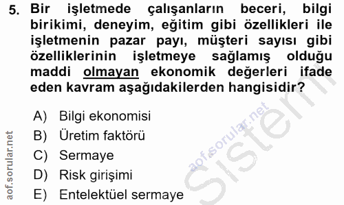 5. soru: Bir işletmede çalışanların beceri, bilgi birikimi, deneyim, eğitim gibi özellikleri ile işletmenin pazar payı, müşter…