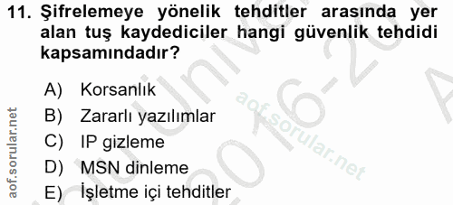 11. soru: Şifrelemeye yönelik tehditler arasında yer alan tuş kaydediciler hangi güvenlik tehdidi kapsamındadır? A) Korsanlık B…