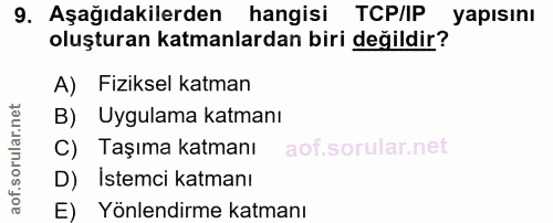 9. soru: Aşağıdakilerden hangisi TCP/IP yapısını oluşturan katmanlardan biri değildir? A) Fiziksel katman B) Uygulama katmanı…