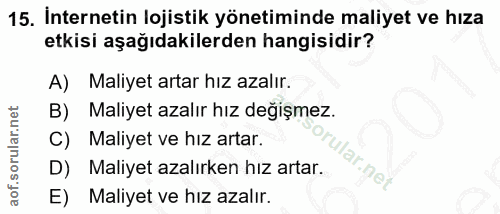 15. soru: İnternetin lojistik yönetiminde maliyet ve hıza etkisi aşağıdakilerden hangisidir? A) Maliyet artar hız azalır. B) Ma…