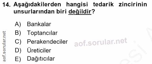 14. soru: Aşağıdakilerden hangisi tedarik zincirinin unsurlarından biri değildir? A) Bankalar B) Toptancilar Perakendeciler D)…