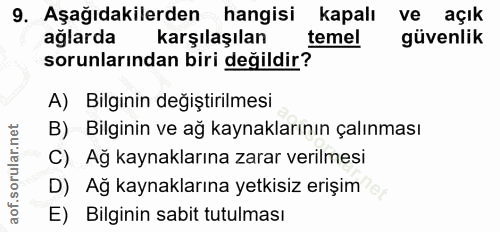 9. soru: Aşağıdakilerden hangisi kapalı ve açık ağlarda karşılaşılan temel güvenlik sorunlarından biri değildir? A) Bilginin d…