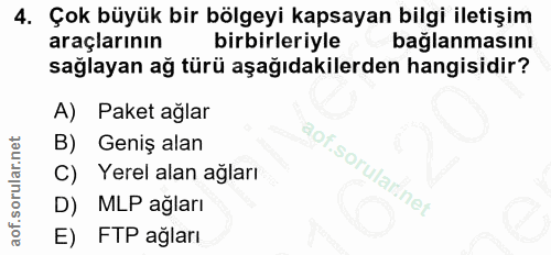 4. soru: Çok büyük bir bölgeyi kapsayan bilgi iletişim araçlarının birbirleriyle bağlanmasını sağlayan ağ türü aşağıdakilerden…