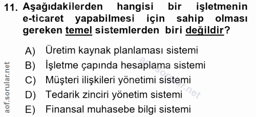 11. soru: Aşağıdakilerden hangisi bir işletmenin e-ticaret yapabilmesi için sahip olması gereken temel sistemlerden biri değild…